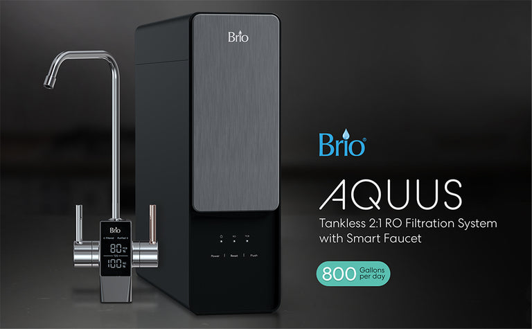 A sleek black Brio AQUUS tankless 2:1 reverse osmosis filtration system with a smart faucet is displayed. Text highlights “800 gallons per day” capacity and product features against a dark background.